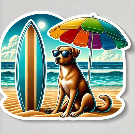 Vinyl sticker: Laptop Wall Car Window Bumper Sticker Decal Truck Waterproof Auto Water Bottle Dog with Sunglasses and Surfboard Beach Umbrella Surf Scene (4)