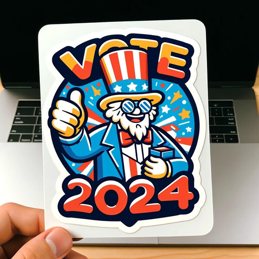 Vinyl sticker: 2024 USA Elections Funny Cartoon Uncle Sam Vote Sticker Decal for Laptop, Wall, Car, Window, Bumper, Truck, Waterproof, Auto, Water Bottle