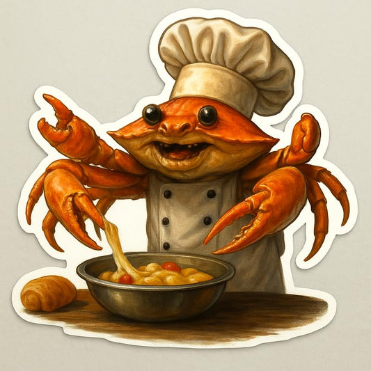 Vinyl sticker: Laptop Wall Car Window Bumper Sticker Decal Truck Waterproof Auto Water Bottle Chef CRABRACADABRA Funny Realistic Crab Cooking Meme Sticker with Pasta, Chef Hat, and Comic Culinary Style