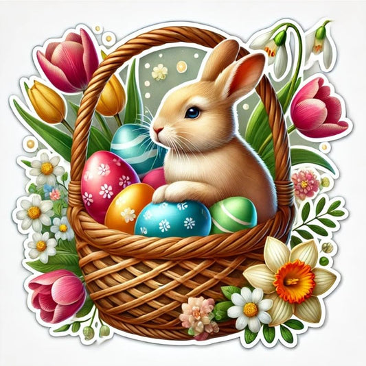 Vinyl sticker: Easter Basket with Realistic Rabbit Laptop Wall Car Window Bumper Sticker Decal Truck Waterproof Auto Water Bottle – Fluffy Bunny with Colorful Eggs & Spring Blooms.