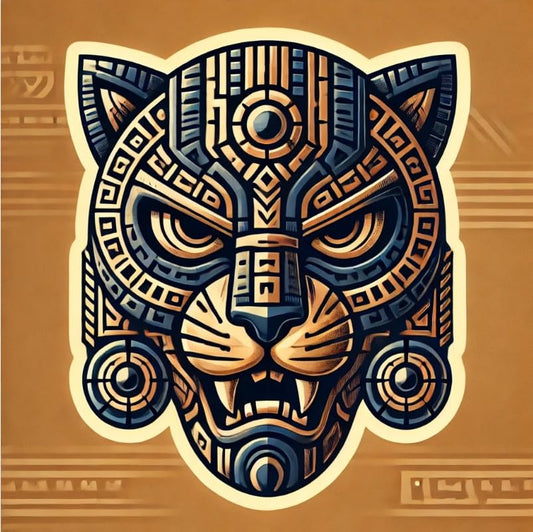 Vinyl sticker: Aztec Jaguar Mask Warrior Vinyl Sticker for Laptop, Wall, Car, Window, Bumper, Waterproof Decal for Truck, Auto, Water Bottle. Variation