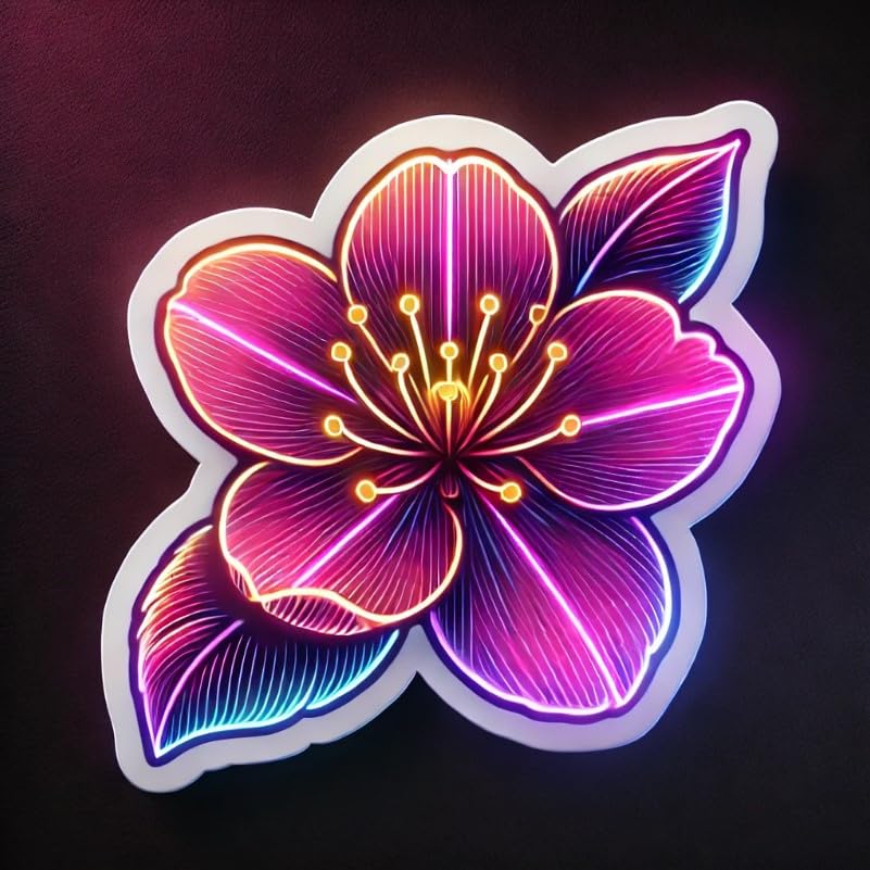Vinyl sticker: Peach Blossom Laptop Wall Car Window Bumper Sticker Decal Truck Waterproof Auto Water Bottle – Futuristic Neon Floral Glow. Variation 10 (6)