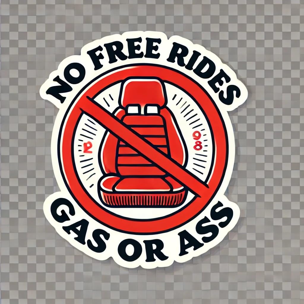 Vinyl sticker: "'No FREE RIDES - Gas or Ass' Car Seat Transparent Waterproof Car Bumper Sticker Decal for Truck, Laptop, Window, Auto, and Water Bottle"