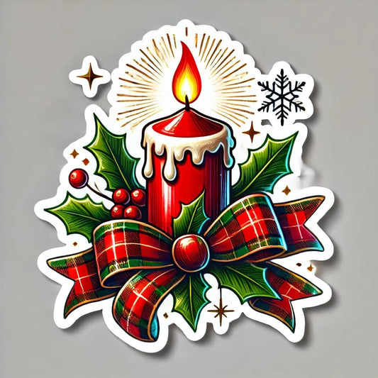 Vinyl sticker: Christmas Candle Sticker for Laptop, Wall, Car, Window, Bumper – Vintage Candle with Tartan Ribbon and Holly – Waterproof, UV Resistant for Truck, Auto, Water Bottle, and More