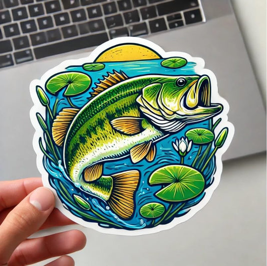 Vinyl sticker: Largemouth Bass Sticker for Laptop, Car, Water Bottle, and Bumper – Florida Fish Decal with Lily Pads, Waterproof and UV-Resistant
