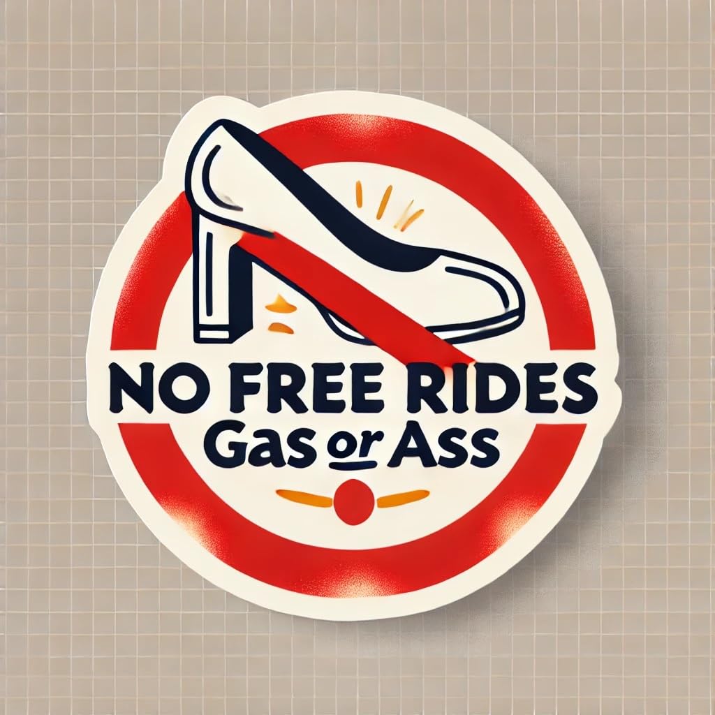 Vinyl sticker: "'No FREE RIDES - Gas or Ass' High Heel Transparent Waterproof Car Bumper Sticker Decal for Truck, Laptop, Window, Auto, and Water Bottle"