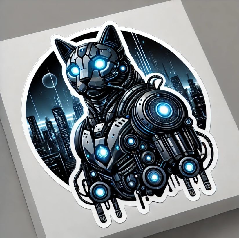 Vinyl sticker: Futuristic Robotic Cat Sticker for Laptop, Wall, Car, Window, Bumper, Truck, Waterproof Decal