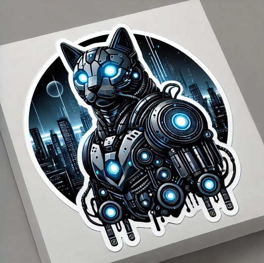 Vinyl sticker: Futuristic Robotic Cat Sticker for Laptop, Wall, Car, Window, Bumper, Truck, Waterproof Decal