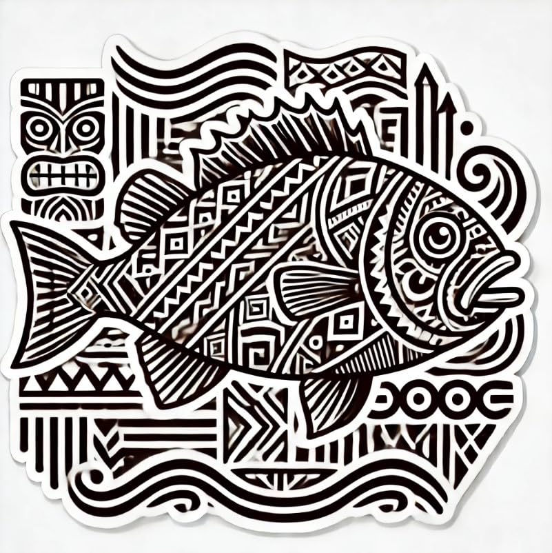 Vinyl sticker: Laptop Wall Car Window Bumper Sticker Decal Truck Waterproof Auto Water Bottle – Polynesian Tattoo Undulated Triggerfish with Tribal Patterns and Tiki Ocean Motifs