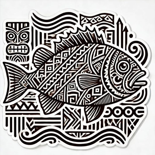 Vinyl sticker: Laptop Wall Car Window Bumper Sticker Decal Truck Waterproof Auto Water Bottle – Polynesian Tattoo Undulated Triggerfish with Tribal Patterns and Tiki Ocean Motifs