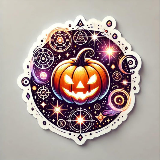 Vinyl sticker: Enchanted Symbols Halloween Pumpkin Sticker for Laptop, Wall, Car, Window, Bumper, Waterproof Decal with Glowing Expression, Twinkling Stars, and Mystical Symbols (4)