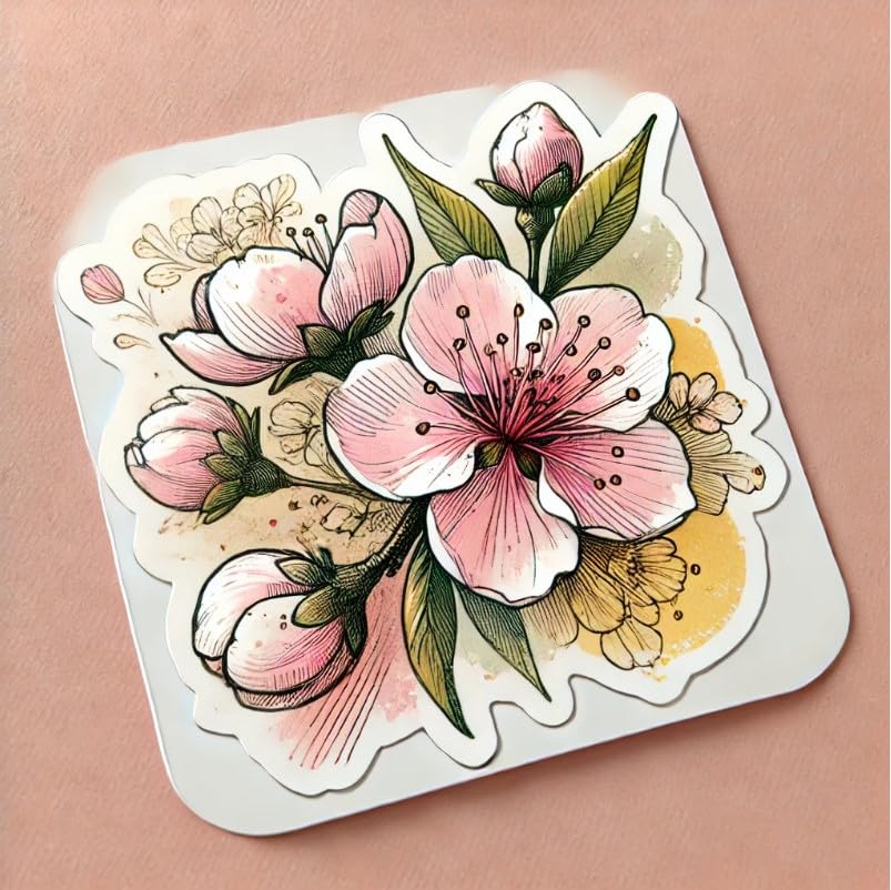 Vinyl sticker: Peach Blossom Laptop Wall Car Window Bumper Sticker Decal Truck Waterproof Auto Water Bottle – Hand-Drawn Artistic Floral Sketch. Variation 5 (4)