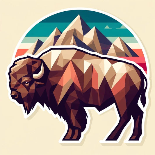 Vinyl sticker: Abstract Bison Wall Laptop Car Window Waterproof Sticker – Stylized Buffalo with Geometric Wyoming Mountain Design and State Flag Accents for Auto Bumper Truck Bottle Decal (4)