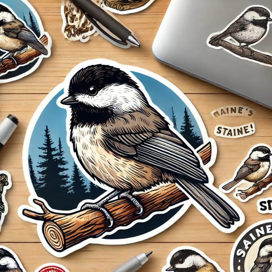 Vinyl sticker: Maine Black-Capped Chickadee Bird Sticker Laptop Car Window Bumper Decal Truck Waterproof Auto Water Bottle Wildlife