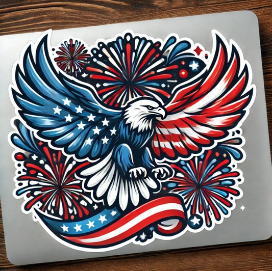 Vinyl sticker: Eagle with Wings Spread and Fireworks Laptop Wall Car Window Bumper Sticker Decal Truck Waterproof Auto Water Bottle
