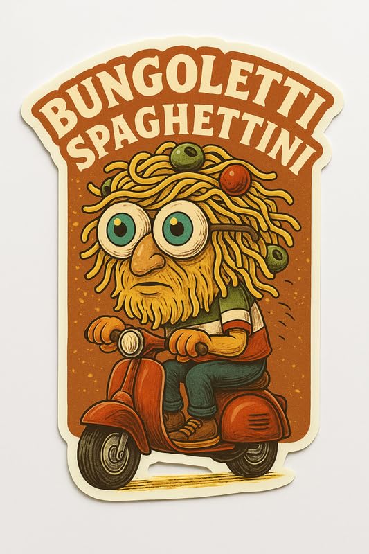 Vinyl sticker: Laptop Wall Car Window Bumper Sticker Decal Truck Waterproof Auto Water Bottle BUNGOLETTI SPAGHETTINI Retro Spaghetti Character on Scooter with Noodle Hair Funny Meme Italian Cartoon Style
