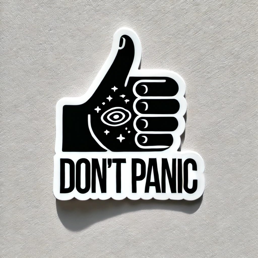 Vinyl sticker: "Don't Panic' Sticker Decal for Laptop, Car, Wall, Window, Bumper, Truck, Waterproof Auto and Water Bottle - Simple Black Text with Hand Gesture and Galaxy Pattern (4)