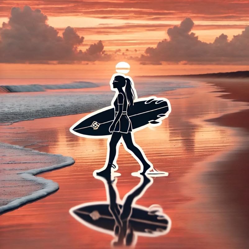 Vinyl sticker: Laptop Wall Car Window Bumper Sticker Decal Truck Waterproof Auto Water Bottle Realistic Surfboard with Sand and Ocean Spray Sunset Scene