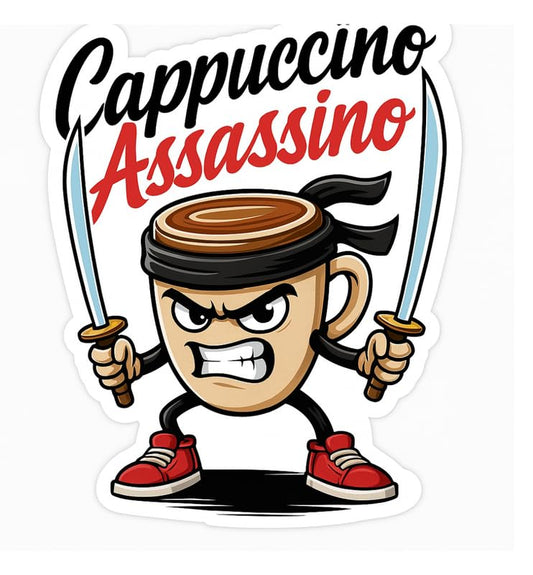Vinyl sticker: Assasino Cappuccino Bumper Sticker for Laptop Wall Car Window Waterproof Auto Decal Truck Water Bottle – Ninja Coffee Cup Meme with 4 in