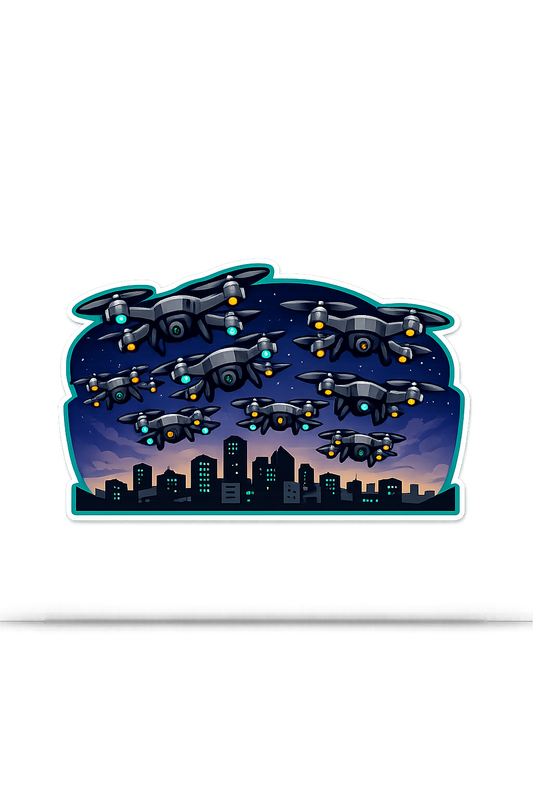 City Skyline Drone Swarm Sticker Decal Vinyl Laptop Car Window Bumper AUTO Water Bottle Helmets Waterproof Urban