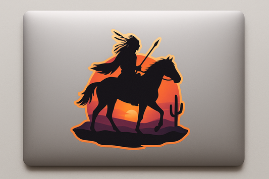 Native Warrior Silhouette Sticker Decal Vinyl Laptop Car Window Bumper AUTO Water Bottle Helmets Waterproof Sunset Desert