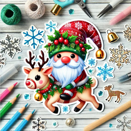 Vinyl sticker: Reindeer Riding Gnome Sticker for Laptop, Wall, Car, Window, Bumper, Waterproof Decal for Trucks, Water Bottles, and Festive Decor (4)