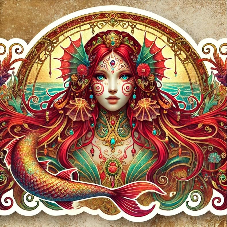 Vinyl sticker: Mystical Mermaid Laptop Wall Car Window Bumper Sticker Decal - Red Gold Hair, Shimmering Scales, Coral Ornaments, Waterproof, Auto, Water Bottle Decor