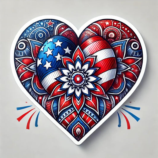Vinyl sticker: 4th of July American Flag Heart Sticker for Laptop, Wall, Car, Window, Bumper, Water Bottle - Patriotic Decal with Mandala Center - Waterproof and Durable