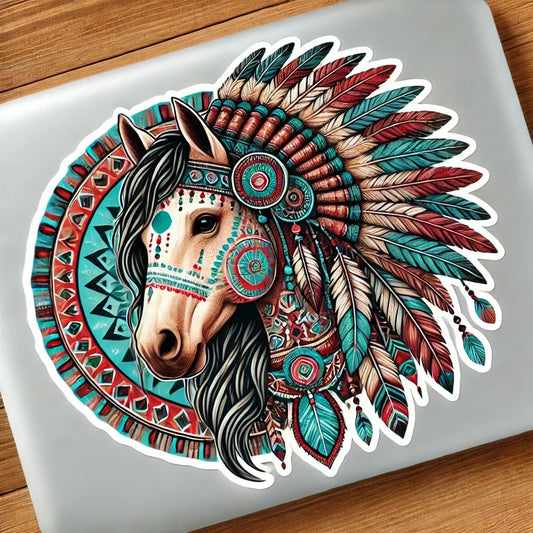 Vinyl sticker: Fierce Tribal Horse with Feathered Headdress Vinyl Sticker for Laptop Wall Car Window Bumper Truck Waterproof Auto Water Bottle (6)