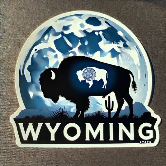 Vinyl sticker: Moonlight Bison Sticker for Laptop Car Window Wall Waterproof Decal – Silhouette of American Buffalo in Wyoming Desert with State Flag Moon Scene for Auto Truck Bottle Bumper (6)