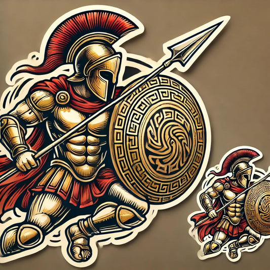 Vinyl sticker: Greek God Spartan Trojan Vinyl Sticker Decal - Defensive Shield Warrior Pose Design for Laptop, Wall, Car, Window, Bumper, Truck - Waterproof, Durable Auto, and Water Bottle Decal