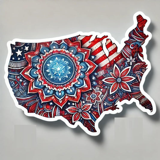 Vinyl sticker: 4th of July USA Map Sticker for Laptop, Wall, Car, Window, Bumper, Water Bottle - Patriotic Decal with Mandala Center - Waterproof and Durable (4)