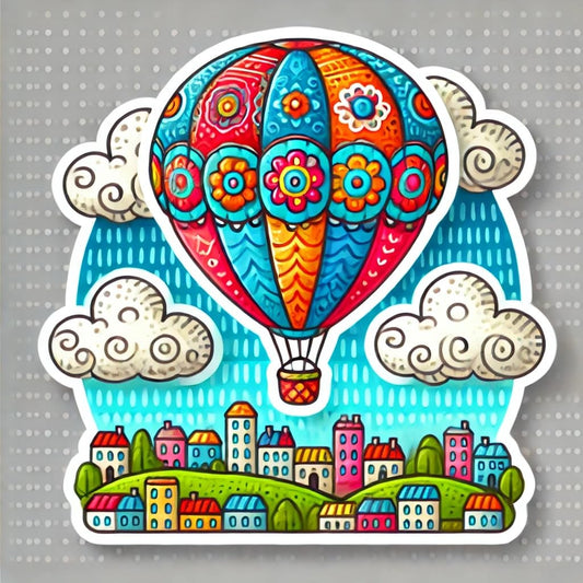 Vinyl sticker: Whimsical Hot Air Balloon Over City Sticker for Laptop, Wall, Car, Window, Bumper, Truck, Waterproof Auto Water Bottle