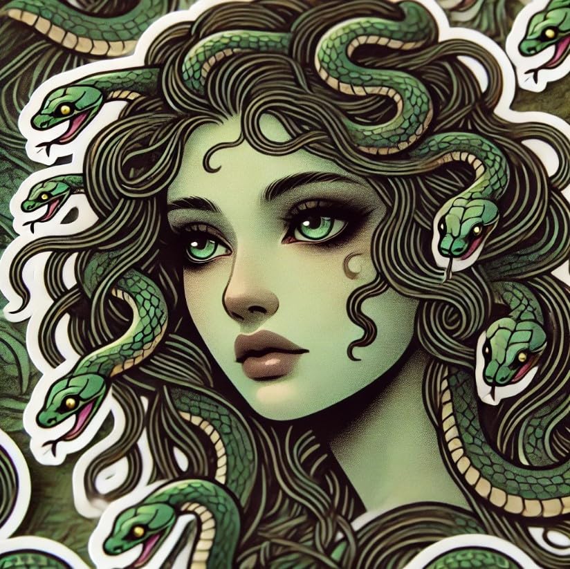 Vinyl sticker: Beautiful Medusa Gorgon Close-Up Vinyl Sticker | Captivating Greek Mythology Decal for Car, Laptop, Window, Water Bottle