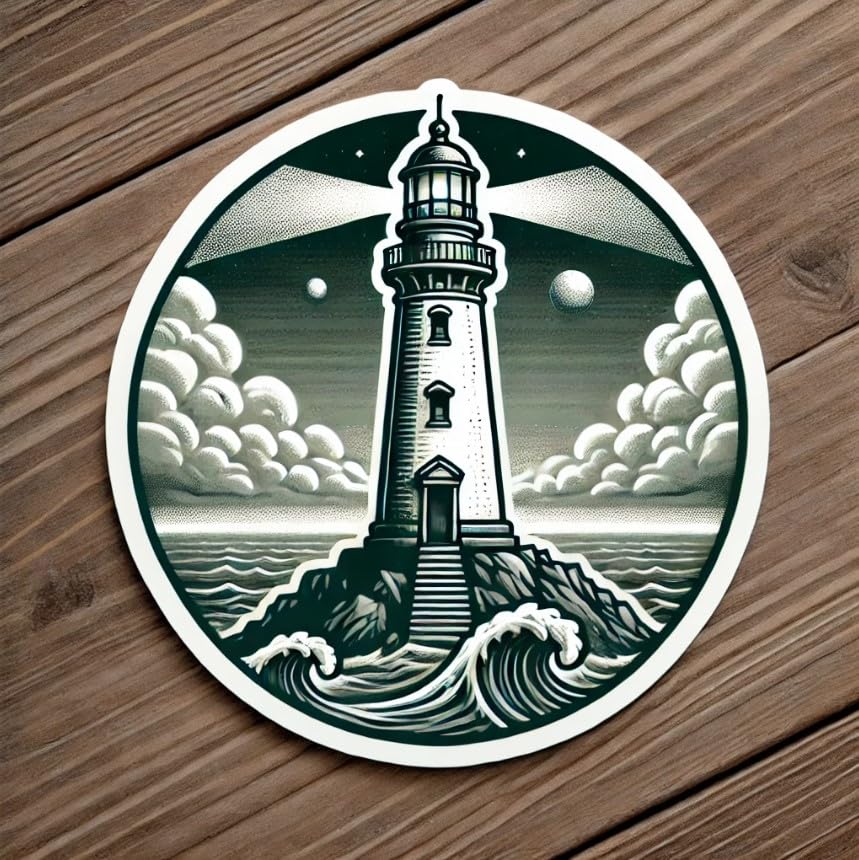 Vinyl sticker: Lighthouse Sticker for Laptop, Wall, Car, Window, and Bumper - Vintage White and Green Decal for Truck, Auto, Water Bottle - Rugged Coastal Design with Misty Background