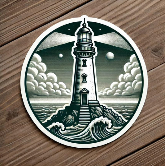 Vinyl sticker: Lighthouse Sticker for Laptop, Wall, Car, Window, and Bumper - Vintage White and Green Decal for Truck, Auto, Water Bottle - Rugged Coastal Design with Misty Background