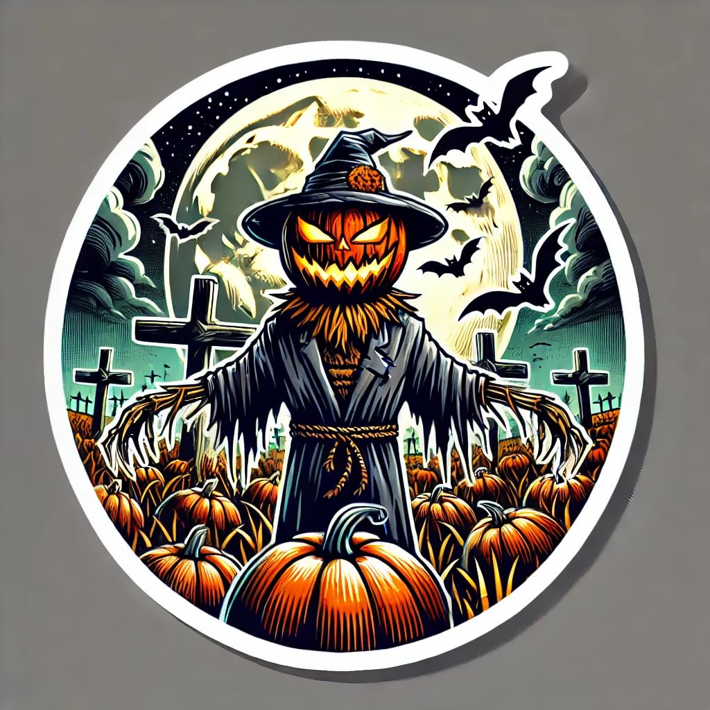 Vinyl sticker: Jack-o'-Lantern Scarecrow Halloween Sticker - Sinister Pumpkin Head in Pumpkin Patch, Waterproof Vinyl Decal for Laptop, Wall, Car, Window, Bumper, Truck, and Water Bottle (4)