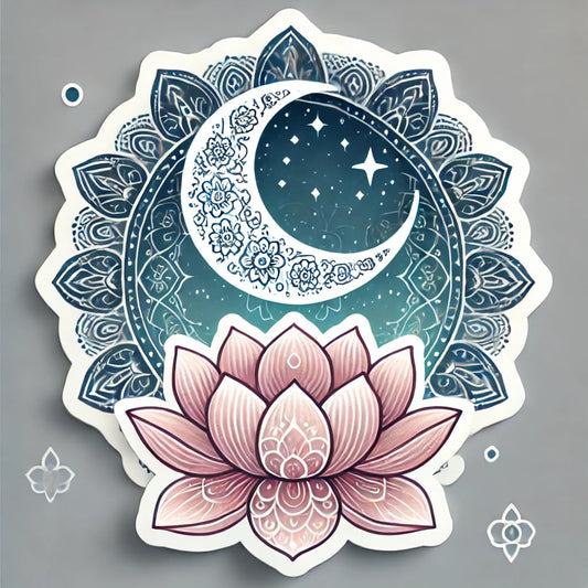 Vinyl sticker: Buddhist Crescent Moon Sticker Decal for Car, Laptop, Wall, Window, Bumper, Waterproof Vinyl Decoration with Lotus Petals for Meditation and Mindfulness Decor