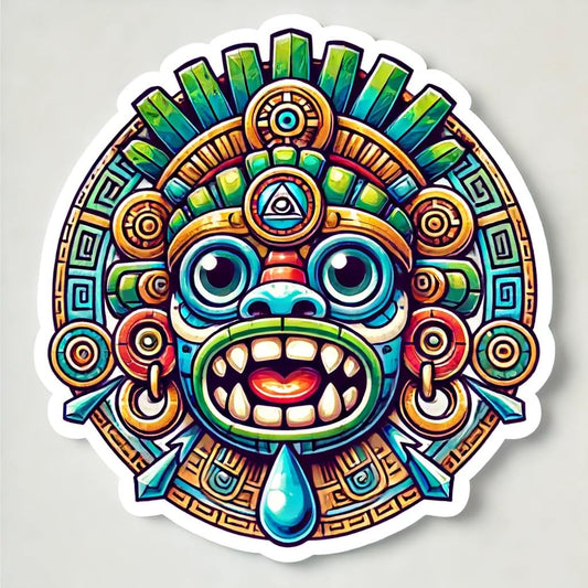 Vinyl sticker: Aztec Tlaloc God of Rain Sticker - Vibrant Design with Goggle Eyes and Headdress for Laptop, Wall, Car, Window, Bumper, Waterproof Decal for Truck, Auto, Water Bottle