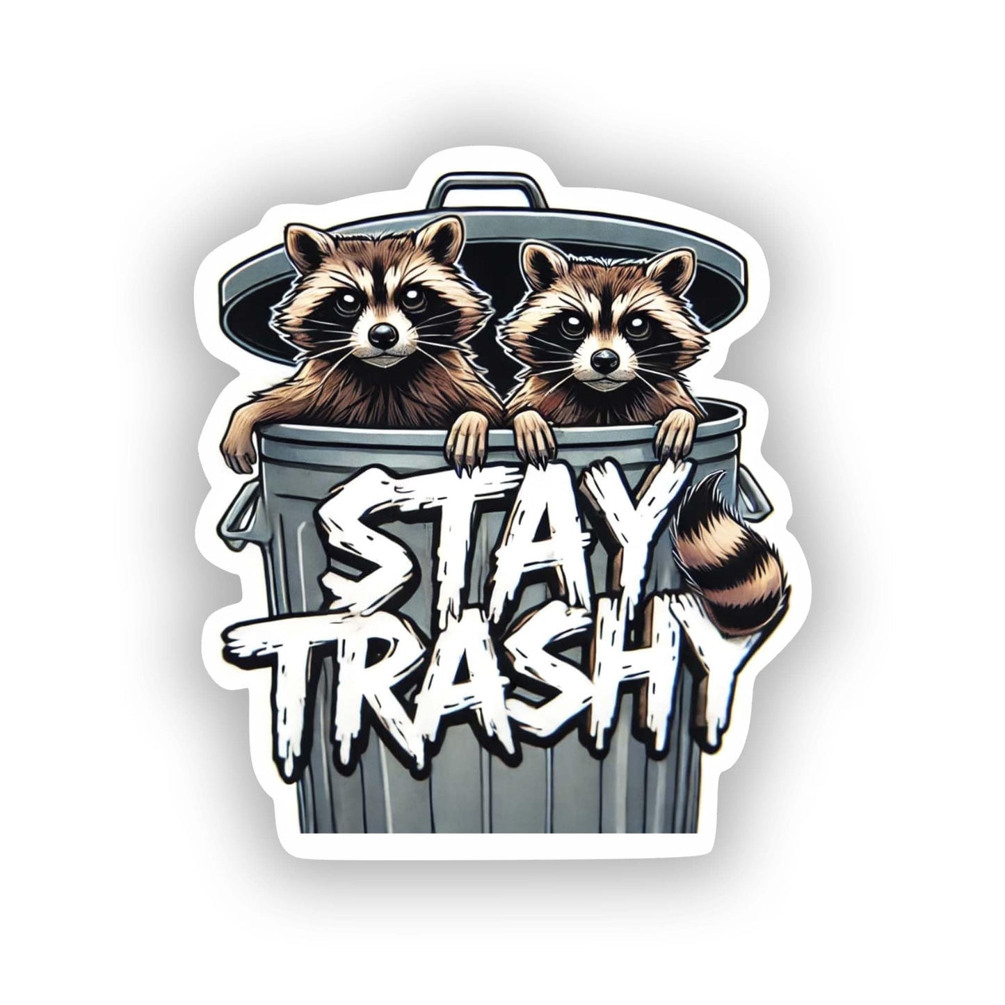 Vinyl sticker: Full-Length Two Raccoons Sticker Climbing Out of Trash Cans for Laptop, Wall, Car, Window, Bumper - Stay Trashy Decal for Truck, Waterproof Auto, Water Bottle - Subtle Color Accents (8)