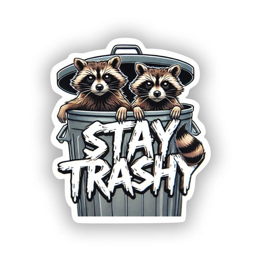 Vinyl sticker: Full-Length Two Raccoons Sticker Climbing Out of Trash Cans for Laptop, Wall, Car, Window, Bumper - Stay Trashy Decal for Truck, Waterproof Auto, Water Bottle - Subtle Color Accents (8)