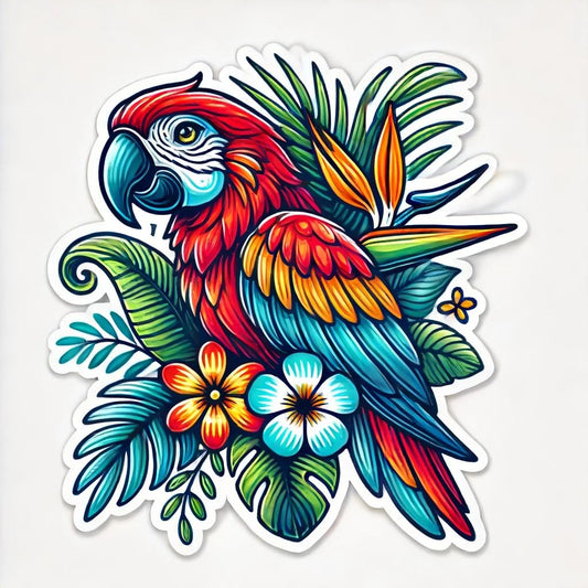 Vinyl sticker: Colorful Parrot with Tropical Leaves and Flowers Sticker Decal for Laptop, Wall, Car, Window, Bumper, Truck, Waterproof Auto, Water Bottle
