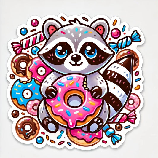 Vinyl sticker: Cute Raccoon Holding Donut Sticker Decal for Laptop, Wall, Car, Window, Bumper, Truck, Waterproof Auto, Water Bottle