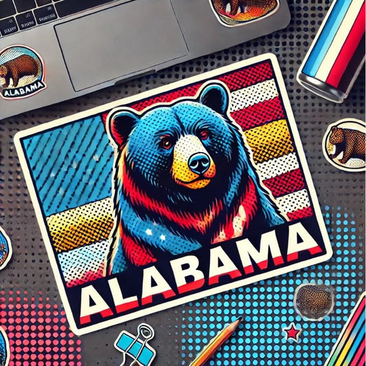 Vinyl sticker: Pop-Art Alabama Black Bear Wall, Car, Window, Bumper Sticker – Comic Halftone Design for Laptops and Water Bottles