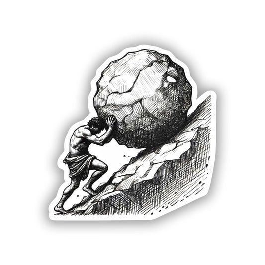 Vinyl sticker: Waterproof Pencil-Drawn Sisyphus and Boulder Sticker for Laptop, Wall, Car, Window, Bumper, Truck, and Water Bottle Decal
