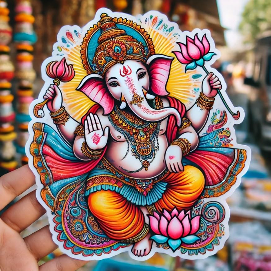 Vinyl sticker: Joyful Dancing Ganesha Laptop, Car, Water Bottle, Window Sticker - Vibrant Colors with Lotus and Traditional Jewelry - Waterproof Decal for Bumpers and Auto