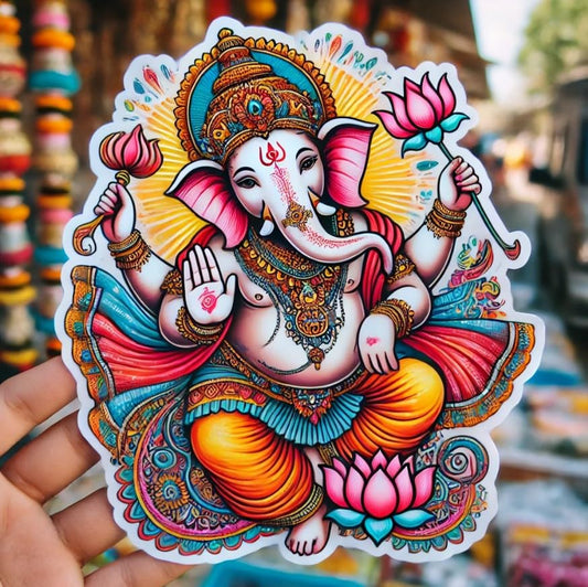 Vinyl sticker: Joyful Dancing Ganesha Laptop, Car, Water Bottle, Window Sticker - Vibrant Colors with Lotus and Traditional Jewelry - Waterproof Decal for Bumpers and Auto