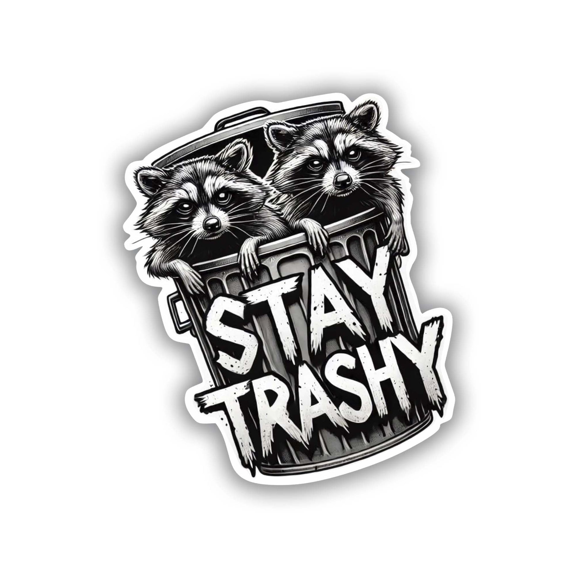Vinyl sticker: Full-Length Two Raccoons Sticker Climbing Out of Trash Cans for Laptop, Wall, Car, Window, Bumper - Stay Trashy Decal for Truck, Waterproof Auto, Water Bottle - Detailed Monochrome Design (4)