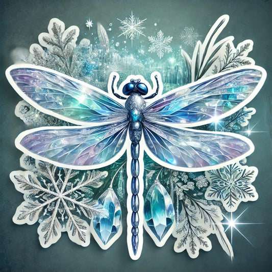 Vinyl sticker: Fantasy Dragonfly Laptop Wall Car Window Bumper Sticker – Frosted Crystal Wings Over Winter Wonderland Decal for Truck, Auto, Water Bottle, Waterproof