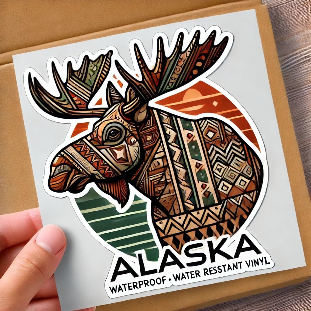 Vinyl sticker: Alaska Moose Laptop Wall Car Window Bumper Sticker Decal Truck Waterproof Auto Water Bottle Geometric Tribal Design (4)